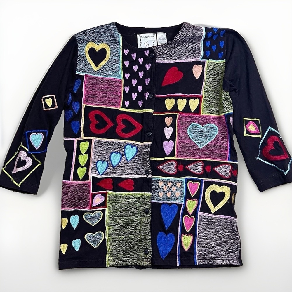 Michael Simon Lite Women's Small Heart Patchwork Cardigan‎ Sweater Black